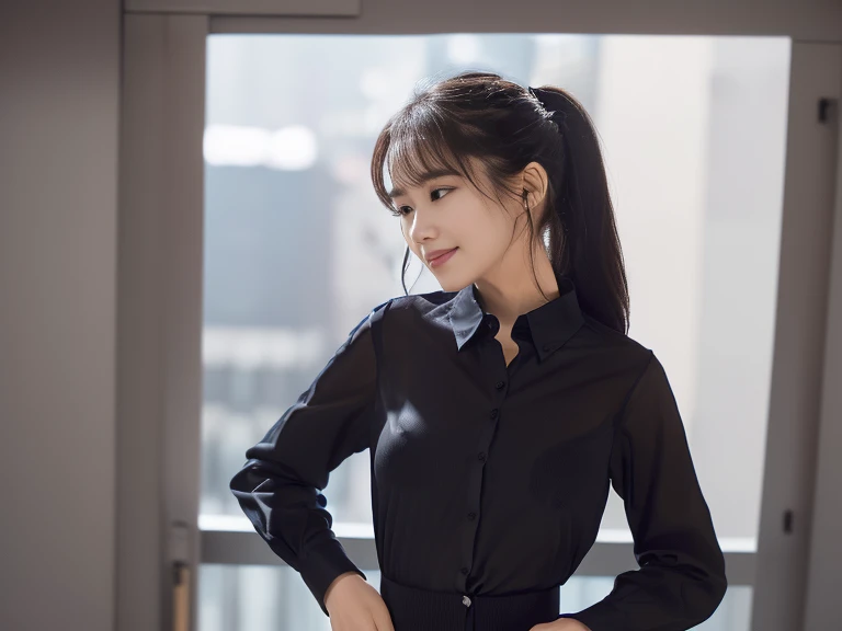 company employee、(Body turned to the side、Shooting from the side、Looking to the side,Shooting from the side:1.6),Not looking here、(General shirt、Wearing a white blouse、Wearing a typical business suit),(The fourth button on her blouse is slightly open.,Only the fourth button is open、White Button、All buttons except the fourth button are closed、A small amount of her chest is visible through the gap between the buttons.、The edge of the bra is visible through the gap between the buttons.:1.4),Mid-chest、slender、ponytail、Black Hair、Beauty、23 years old、cute、smile、(Long shirt:1.8),Tuck the shirt into the skirt