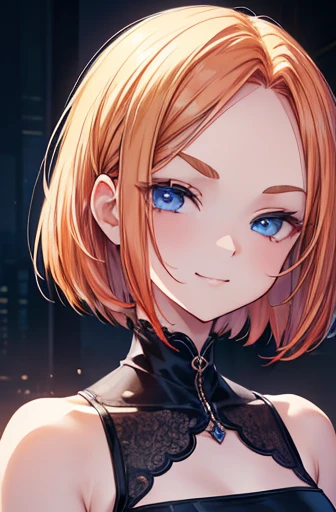 (masterpiece),(top-quality),(ultra-detailliert),hight resolution,in 8K animation,1girl,(forehead:1.3),bob cut,copper hair,blue eyes,half-closed eyes,round eyes,smirk,evil smile,(v-shaped eyebrows),(beautifull detailed face),(beatiful detailed eyes),18 years old