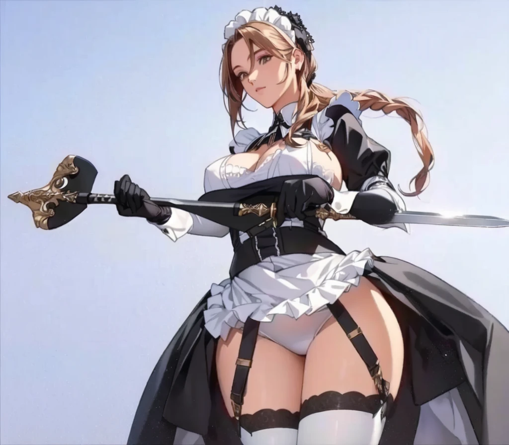 a close up of a woman in a maid outfit holding a sword, fine details. Girls' Frontline, anime maid ss military, (SFW) Work, gorgeous maid, from Girls' Frontline, guweiz, anime girl in a maid costume, Tick, From Arknights, Biomechanics OPPEIN, maid, anime maids riding early tanks, maid outfit,((,Cleavage))