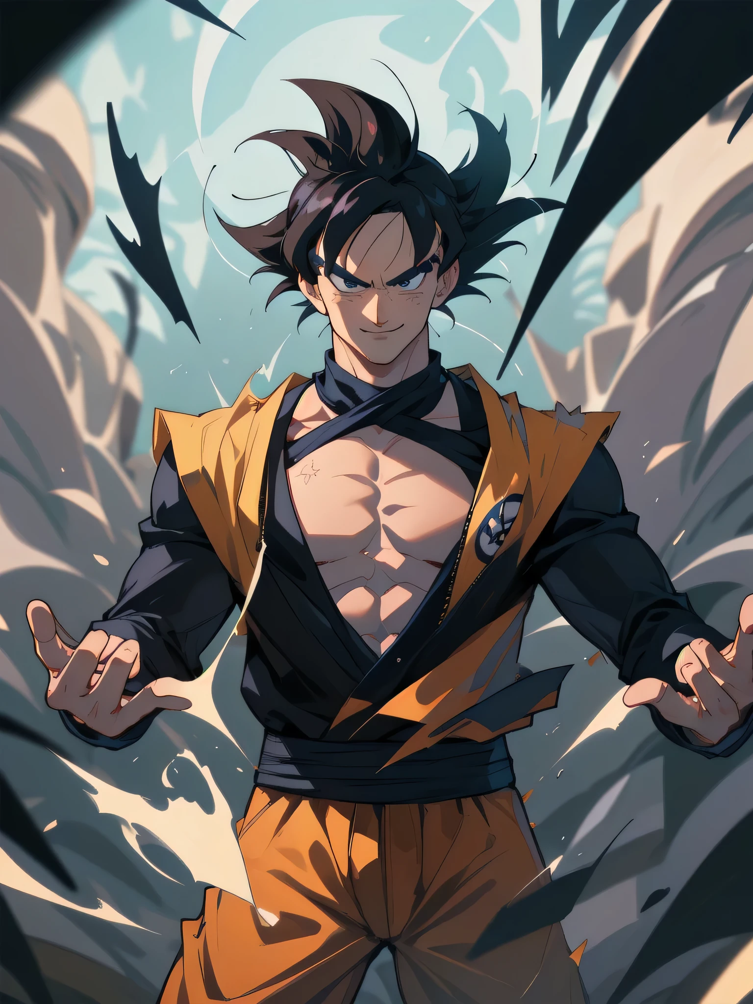 (masterpiece, best quality:1.2), goku, dragon ball, action pose,dust particle effect, sunflares, purple power, movie composition, bokeh, depth of field, blindfold, smiling, cowboy shot, solo, male focus, 1boy, gojo satoru, expresionless, looking at viewer, black jacket rich on details