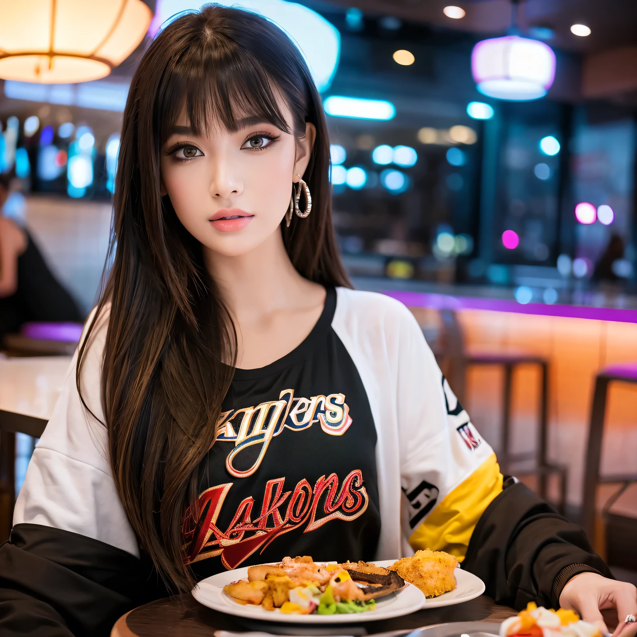 elegant woman in a modern restaurant,1girl,beautiful detailed eyes,beautiful detailed lips,extremely detailed eyes and face,longeyelashes,Los Angeles Lakers shirt,black shorts,vibrant red Air Jordan sneakers,fashionable casual style,contemporary fashion,allure,photorealistic,masterpiece,professional,4k,ultra-detailed,sharp focus,physically-based rendering,vivid colors,bokeh,studio lighting,high quality