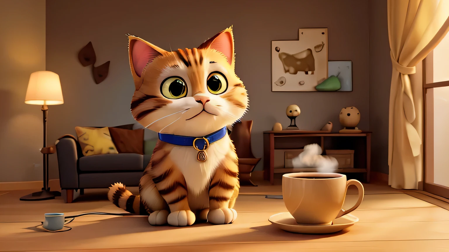 A whimsical illustration of a cat, anthropomorphized with human features. The cat is comfortably seated on a comfortable plush sofa and is holding a steaming hot cup of golden coffee in one paw. He has yellow headphones on and appears to be listening to music, enjoying a relaxing moment at home. At the top you can see a sign with the letters "HUMANS WORK FOR ME." The background is a warm and welcoming space, with the soft glow of the lamps and a sense of comfort emanating from the scene.