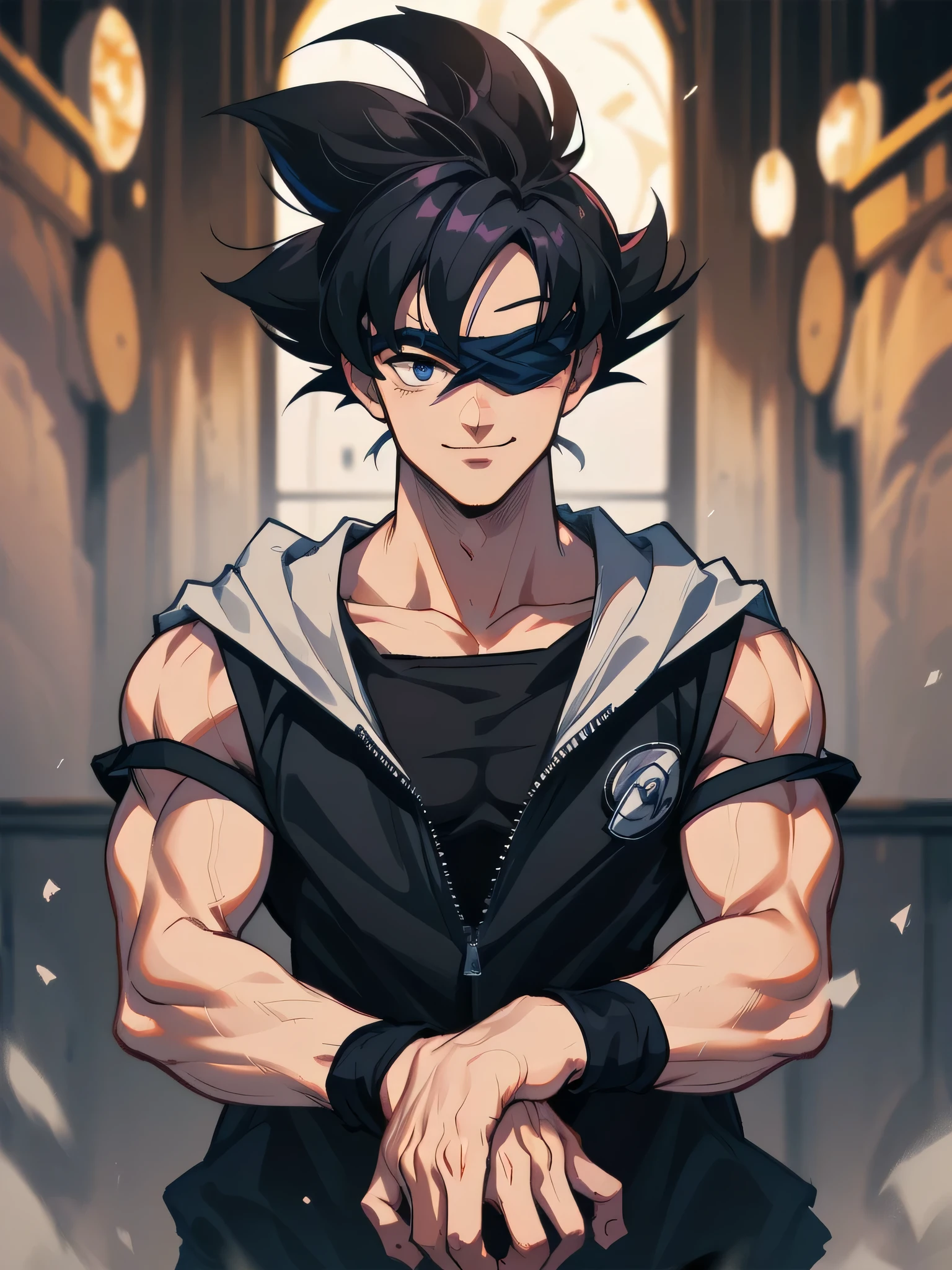 (masterpiece, best quality:1.2), goku, dragon ball, action pose,dust particle effect, sunflares, purple power, movie composition, bokeh, depth of field, blindfold, smiling, cowboy shot, solo, male focus, 1boy, gojo satoru, expresionless, looking at viewer, black jacket rich on details