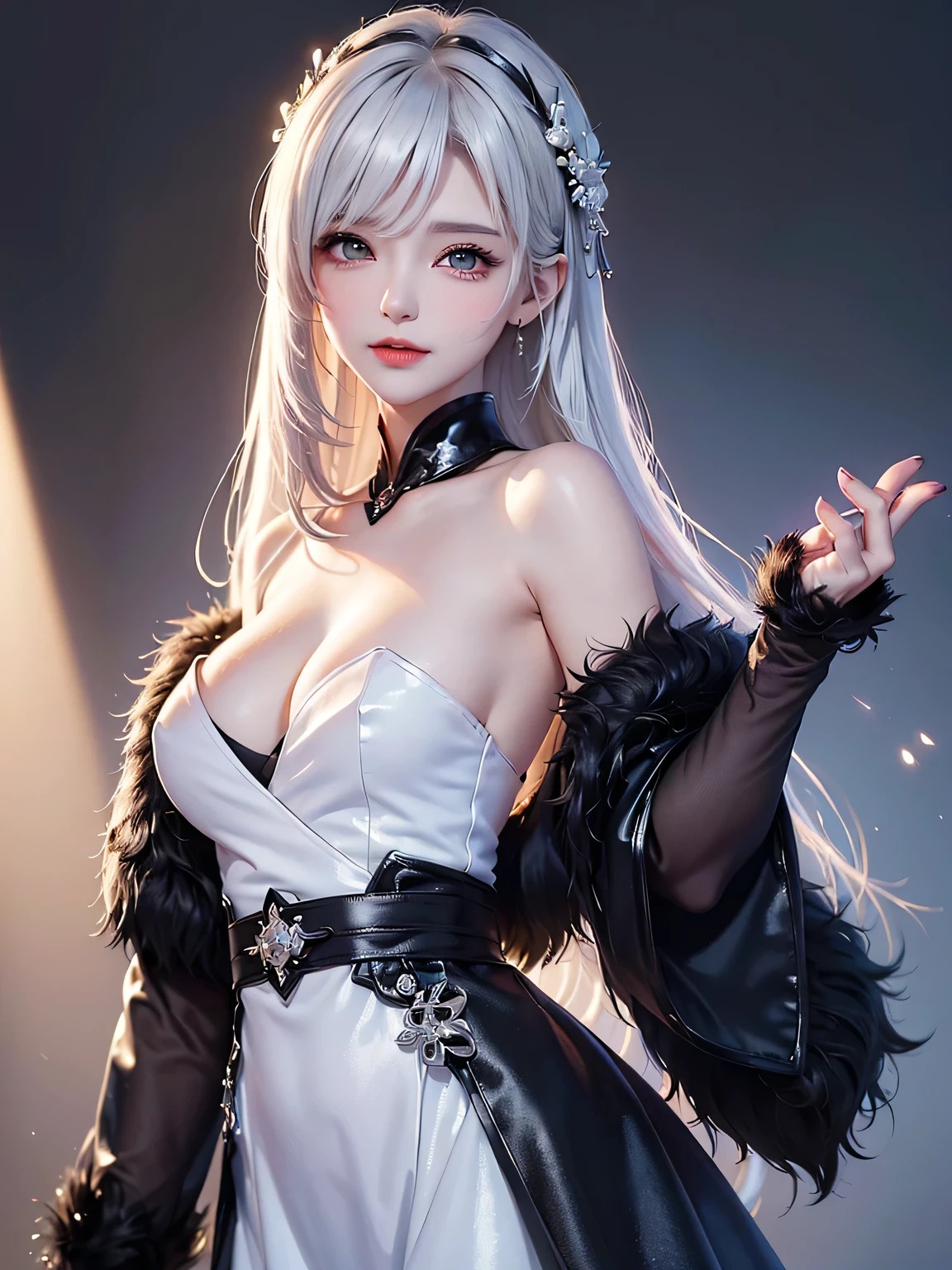 (Upper body portrait:1.5)((masterpiece:1.5、8k、Portraiture、Photorealistic and very detailed CG、Very detailed、Particle Effects、Dynamic Effects、Written boundary depth、Cinematic Light、Lens flare、Ray Tracing、Tabletop、Realistic:1.4、超A high resolution、Realistic、Realistic))((alone、Off Shoulder Dress,No sleeve、Woman in a black fur coat:1.4、Model-like pose、Detailed face、brightexpression、young, bright, Whiter skin、large beautiful breasts、Best Looks、Ultimate beauty、White hair with shiny highlights:1.8、Bright and shiny straight hair、Hair dancing in the wind))(morning、In the background is a snowy hill overlooking the ruins...)