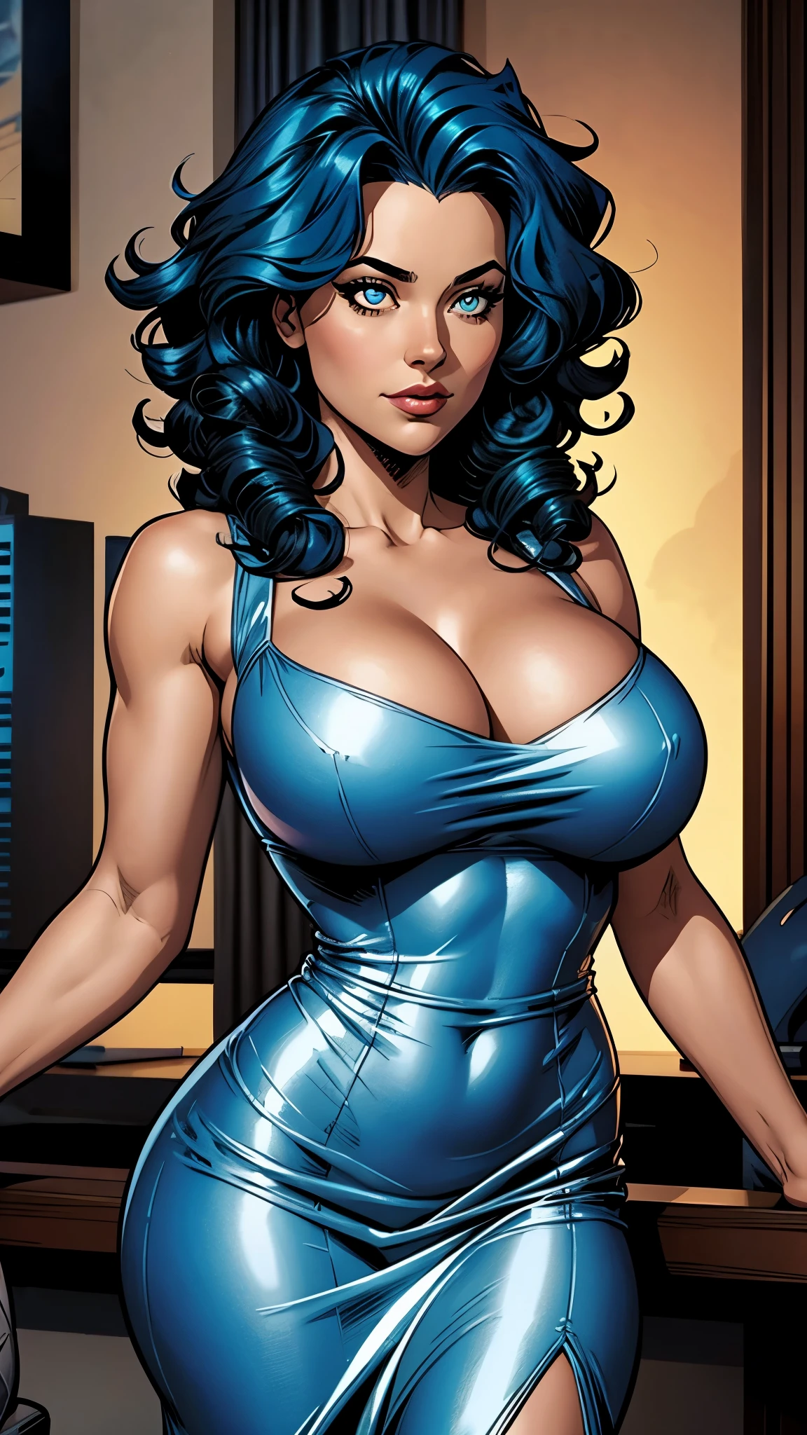 Blue curly hair. Deep dark and energetic coffee eyes. She wears a elegant silver dress.busty. Comic style, marvel comics