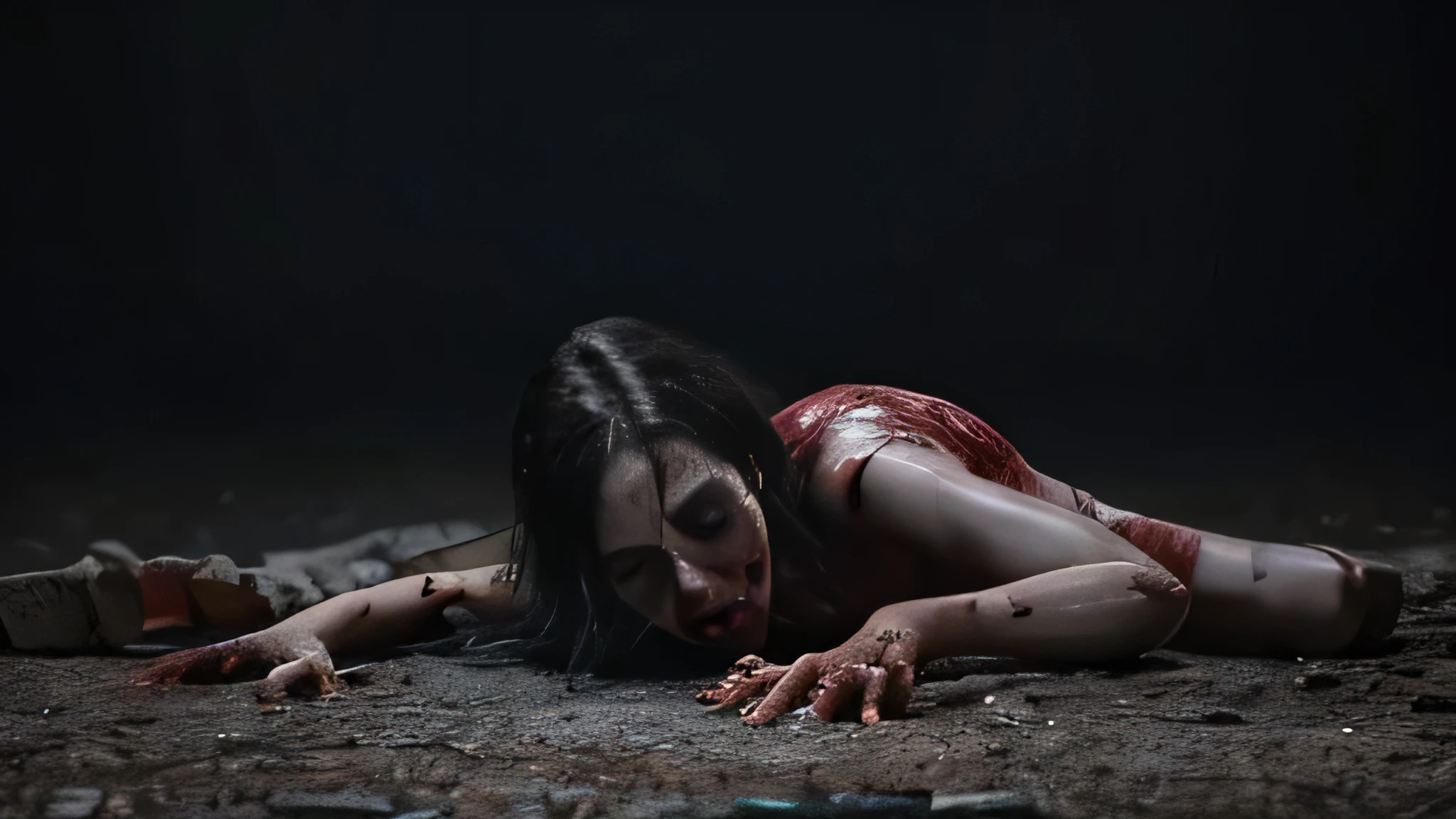 Create an ultra-high resolution, hyper-realistic rendering of a zombie model lying on the ground after a fresh attack, just before reanimation. She should have dead eyes, with fresh bites and gashes on her body. Her limp body should lie on the ground with legs spread apart. Her clothing is torn and dirty from the struggle. Include details like twisted hair and contorted lips for character. Emphasize subtle details such as sensual curves while maintaining a tasteful presentation. The background should depict a fierce battle for survival, with signs of chaos and destruction such as blood trails and broken objects. Ensure her body is complete and anatomically correct, emphasizing her eerie beauty and haunting charm. Full body picture. Stylize picture to 9:16 ratio. Open pose. Spread legs