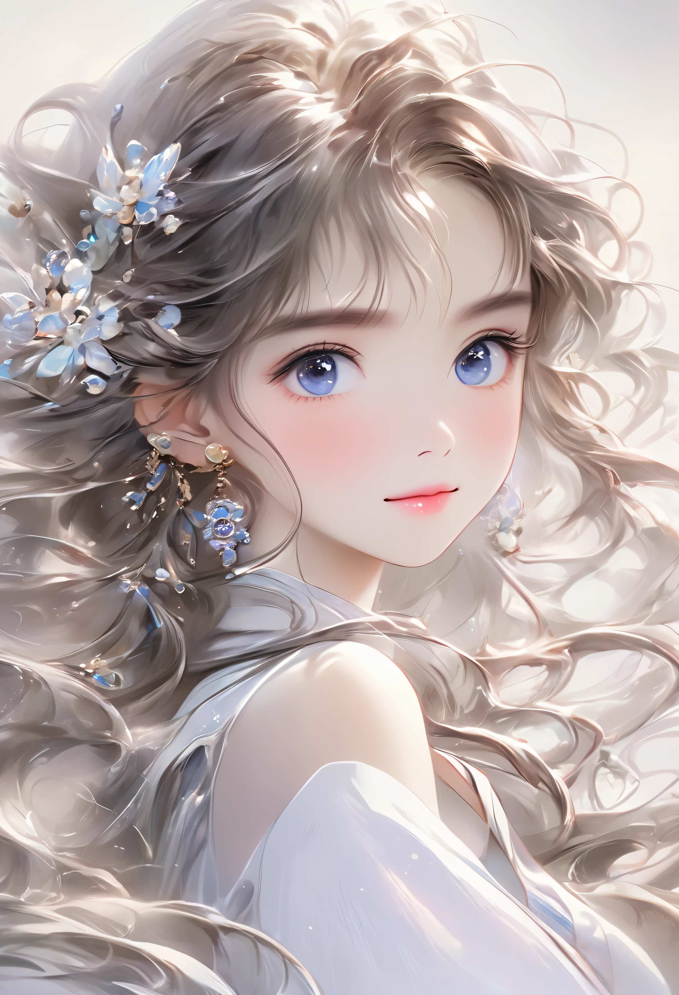 Chinese Girl, Sweet and charming girl, big eyes, illustration, long hair, braid, Fluffy hair, front, Film Angle, Reflective hair, 水汪汪的big eyes, Looking at you, Facial details, facial focus, masterpiece, best quality, extremely delicate and beautiful, Dynamic angle, Intricate details, Beautiful and delicate eyes, Delicate face, Exquisite and clear facial features, Gentle lips, real, charming, focus, clear lines, 8k high resolution, nice, Smile, Wearing a white dress, Stylish and beautiful, Depth of Field