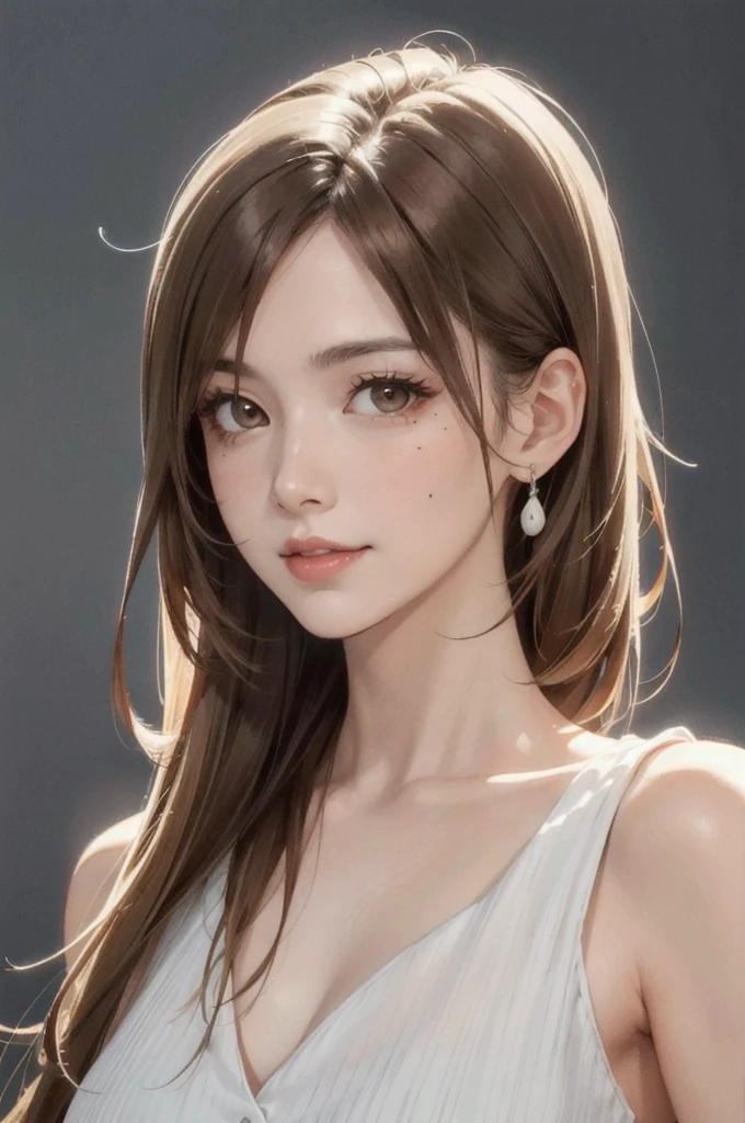 masterpiece, highest quality,In-person audience, Upper Body,Middle-aged women,Greek Goddess Attitude, Melon seed face, ((Narrow eyes)), Mole under the eye,Brown eyeball, Thin lips, Blonde Hair, Very long hair, Laugh with your mouth closed,40 years old, self-portrait, Simple Background,White Dress,