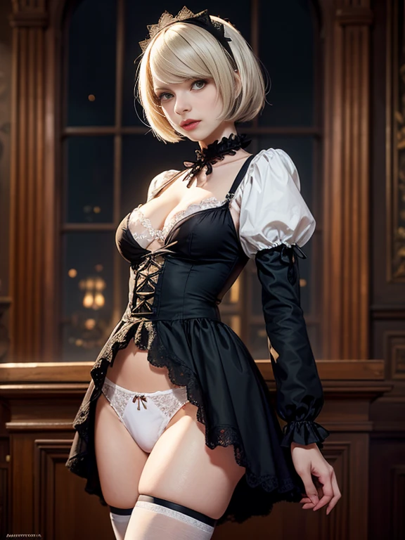 (masterpiece), (1 beautiful dutch woman),Ella Freya from the Netherlands,(NieR:Automata),(2B), (Gothic ta),maid dress,(highest quality), (8K resolution), Blonde Hair,Short Bob Hair,Slender figure,Small breasts,Cleavage,(White panties),