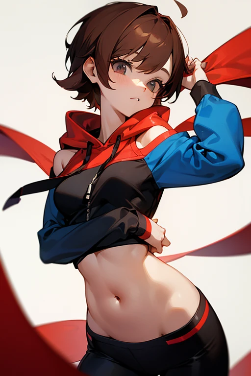 Cute girl in a hoodie、Belly button、Shoulder、slender、Tight clothing、Pixie Cut、Sporty、Grown-up、24-years-old、Red-brown hair、