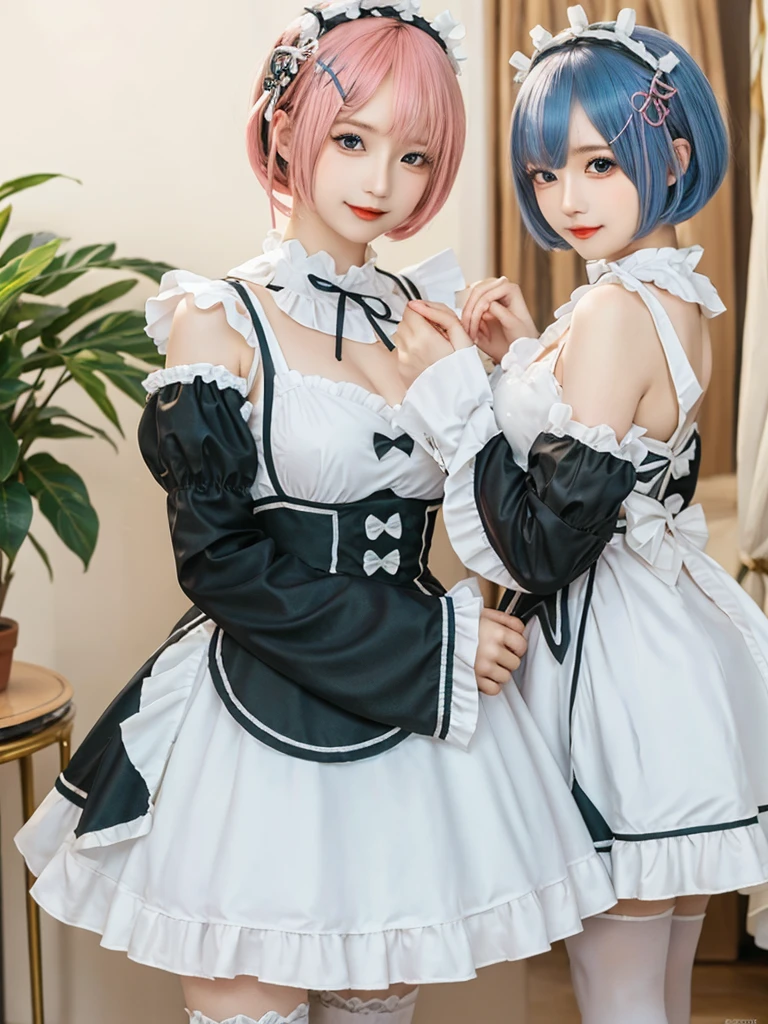 Accurate depiction with high resolution,(8K, Photorealistic, Raw photo, of the highest quality: 1.3), (1girl in), Super beautiful, (Realistic face), (boyish, pink Color Berry Shorthair), Beautiful , Glare that captivates the viewer, Beautiful expression, Beautiful breasts, (Realistic skin), Be...Create a detailed and colorful image of Ram and Rem from Re:Zero, standing back-to-back in their maid outfits, with a magical fantasy background、14years old, two girls,cute, perfect face, beautiful, nice body, gothic lolita clothes, gothic lolita fashion, frilly skirt, headdress, necklace, bracelet, knee-high socks, boots, double eyelids, tear bags, Detailed down to the fingers, photo-like description, indoors, dim indoor lighting, one girl is pink hair and short bob, another girl is light blue hair and short bob,standing,whole body, composition that shows the whole body, smiling,The Both of them are wearing the same type of maid outfit,Optimal ratio of 4 fingers and 1 thumb,walking