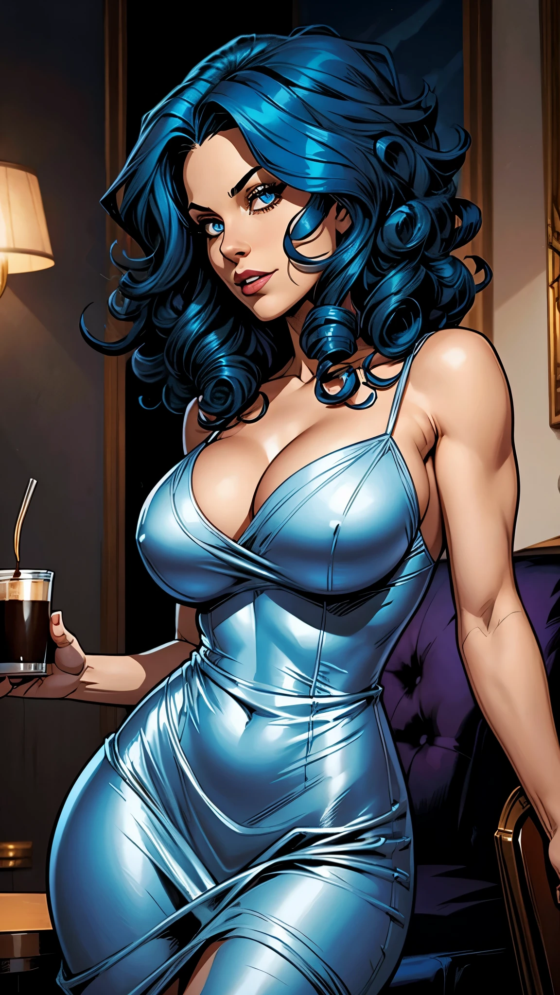 Blue curly hair. Deep dark and energetic coffee eyes. She wears a elegant silver dress.busty. Comic style, marvel comics