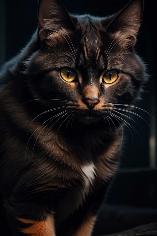 a blackened calico cat, feline, photorealistic, intricate details, high quality, 8k, extremely detailed, realistic fur texture, beautiful eyes, sharp focus, dramatic lighting, moody atmosphere, award-winning photograph, cinematic composition, stunning portrait a orange details
