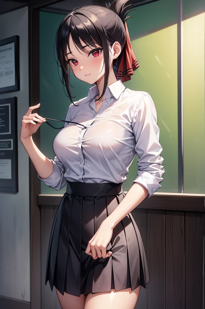 2d, masterpiece, best quality, anime, highly detailed, cowboy shot, 1girl, solo, kaguya shinomiya, red eyes, black hair, hort hair, folded ponytail, hair ribbon, BREAK wearing: A pastel pink collared shirt made of crisp cotton, worn under a navy blue V-neck sweater with a cable-knit pattern, paired with a pleated plaid skirt in shades of navy and green, and completed with classic black leather loafers. big breasts, high quality, 8k, best picture, detailed, high resolution, best pictrure, photo realistic, beautiful image, best image