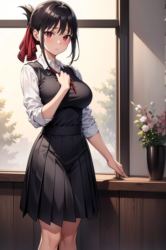 2d, masterpiece, best quality, anime, highly detailed, cowboy shot, 1girl, solo, kaguya shinomiya, red eyes, black hair, hort hair, folded ponytail, hair ribbon, BREAK wearing: A pastel pink collared shirt made of crisp cotton, worn under a navy blue V-neck sweater with a cable-knit pattern, paired with a pleated plaid skirt in shades of navy and green, and completed with classic black leather loafers. small breasts, high quality, 8k, best picture, detailed, high resolution, best pictrure, photo realistic, beautiful image, best image