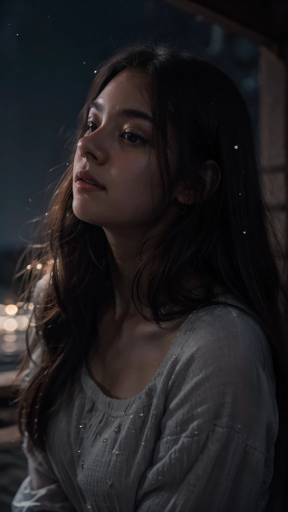 a beautiful night sky, full moon, moonlight, twinkling stars, 1girl looking up at the sky, long dark hair, dreamy expression, soft lighting, muted colors, atmospheric, cinematic, hyper detailed, intricate, photorealistic, masterpiece, 8k