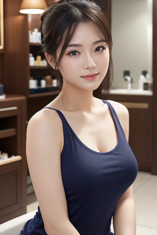 ((masterpiece))、((highest quality))、picture、Reality、high resolution、Advanced Depth of Field、Ultra-detailed、Realistic lighting、((Beauty Salon))、((Navy Tank Top))、((Bright interior))、((Washing the client&#39;s head))、((It&#39;s close so it&#39;s close、Right in front of you))、Married women、20th Generation、Delicate facial features、short hair、Realistic background and accessories、Big ample breasts、valley、Plump body、Sexy smile、Serious look、