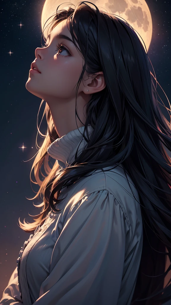 a beautiful night sky, full moon, moonlight, twinkling stars, 1girl looking up at the sky, long dark hair, dreamy expression, soft lighting, muted colors, atmospheric, cinematic, hyper detailed, intricate, photorealistic, masterpiece, 8k