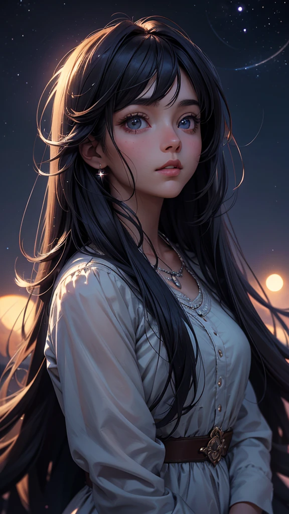 a beautiful night sky, full moon, moonlight, twinkling stars, 1girl looking up at the sky, long dark hair, dreamy expression, soft lighting, muted colors, atmospheric, cinematic, hyper detailed, intricate, photorealistic, masterpiece, 8k