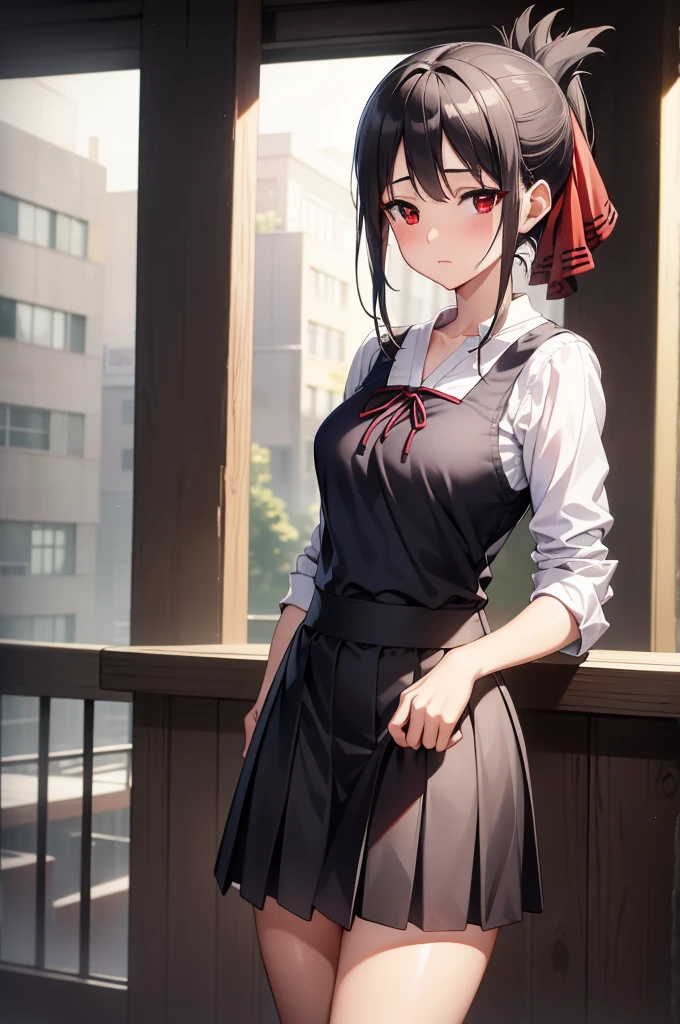2d, masterpiece, best quality, anime, highly detailed, cowboy shot, 1girl, solo, kaguya shinomiya, red eyes, black hair, hort hair, folded ponytail, hair ribbon, BREAK wearing: A pastel pink collared shirt made of crisp cotton, worn under a navy blue V-neck sweater with a cable-knit pattern, paired with a pleated plaid skirt in shades of navy and green, and completed with classic black leather loafers. (shinomiya kaguya) high quality, 8k, best picture, detailed, high resolution, best pictrure, photo realistic, beautiful image, best image
