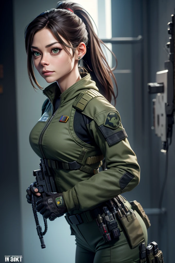 Kristen Crook (Kristin Kreuk) Wearing a ponytail，With a pair of green eyes，Play as a sci-fi soldier, Cyberpunk, whole body, 8K, Movie, camouflage