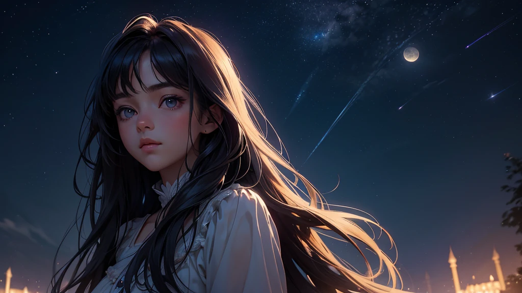 a beautiful night sky, full moon, moonlight, twinkling stars, 1girl looking up at the sky, long dark hair, dreamy expression, soft lighting, muted colors, atmospheric, cinematic, hyper detailed, intricate, photorealistic, masterpiece, 8k