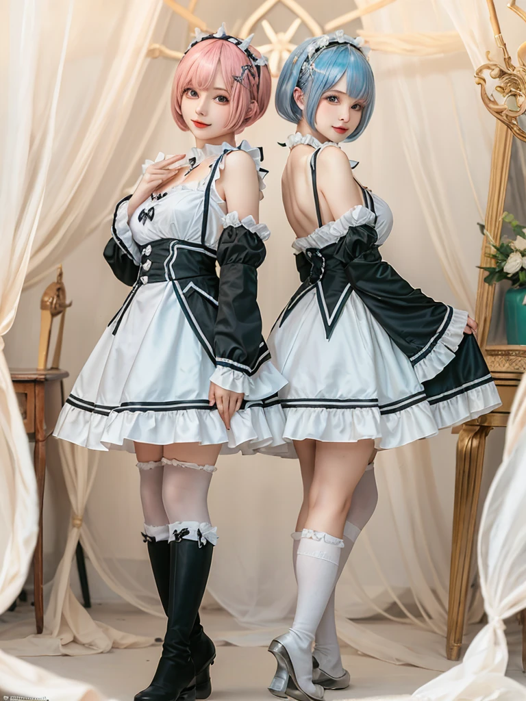 Accurate depiction with high resolution,(8K, Photorealistic, Raw photo, of the highest quality: 1.3), (1girl in), Super beautiful, (Realistic face), (boyish, pink Color Berry Shorthair), Beautiful , Glare that captivates the viewer, Beautiful expression, Beautiful breasts, (Realistic skin), Be...Create a detailed and colorful image of Ram and Rem from Re:Zero, standing back-to-back in their maid outfits, with a magical fantasy background、14years old, two girls,cute, perfect face, beautiful, nice body, gothic lolita clothes, gothic lolita fashion, frilly skirt, headdress, necklace, bracelet, knee-high socks, boots, double eyelids, tear bags, Detailed down to the fingers, photo-like description, indoors, dim indoor lighting, one girl is pink hair and short bob, another girl is light blue hair and short bob,standing,whole body, composition that shows the whole body, smiling,The Both of them are wearing the same type of maid outfit,Optimal ratio of 4 fingers and 1 thumb,walking