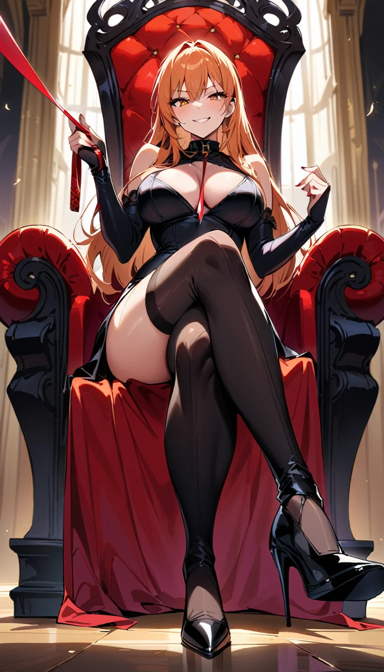 Nami dressed up in black tight dress clothing sitting on throne, holding leash in hand, dominant smile, large breasts,beautiful,masterpiece,heels, stockings, armstockings, full body, perfect body,dominant, femdom,look from below,looking at viewer,viewer on leash,mocking smile,crossed legs