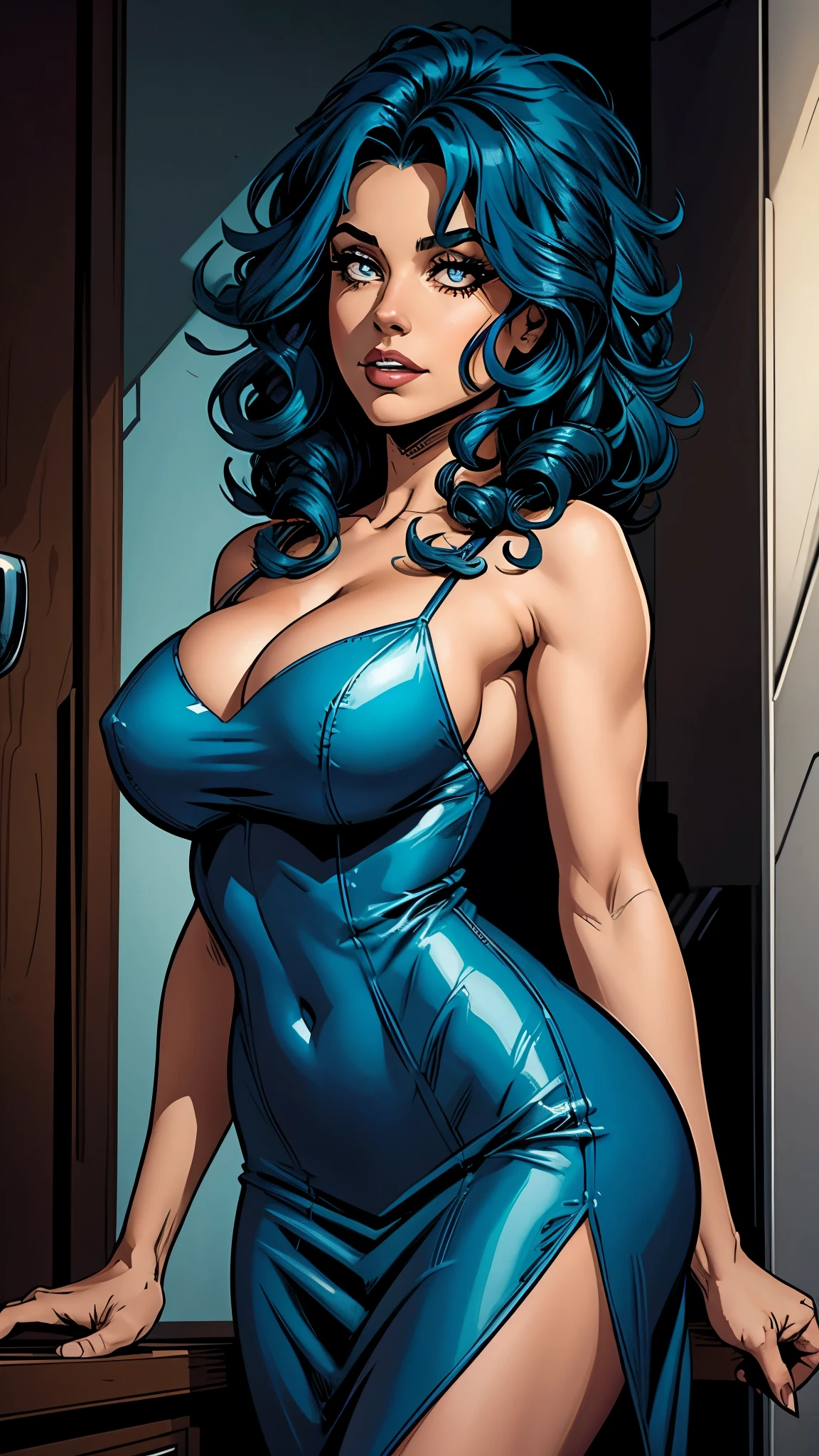 Blue curly hair. Deep dark and energetic coffee eyes. She wears a elegant silver dress.busty. Comic style, marvel comics