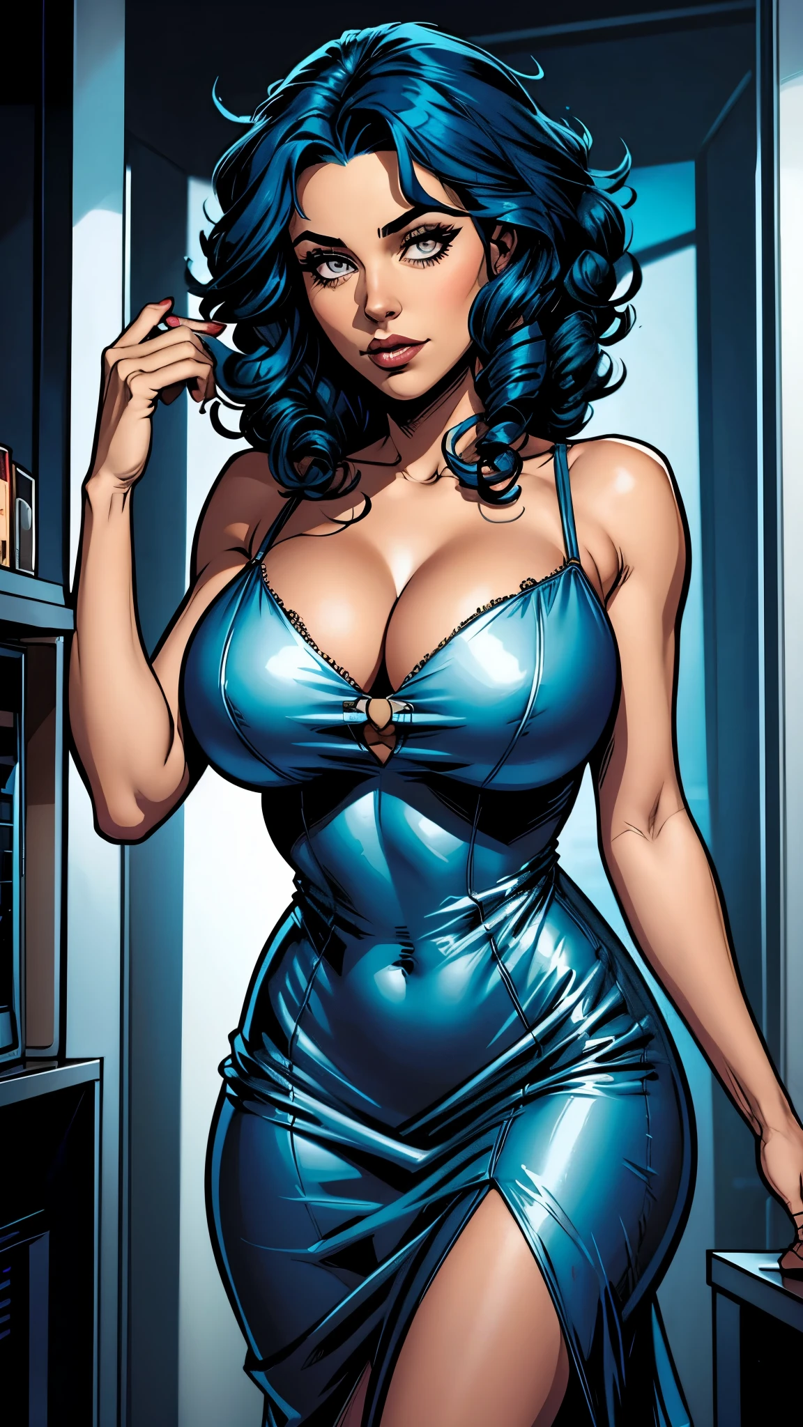 Blue curly hair. Deep dark and energetic coffee eyes. She wears a elegant silver dress.busty. Comic style, marvel comics