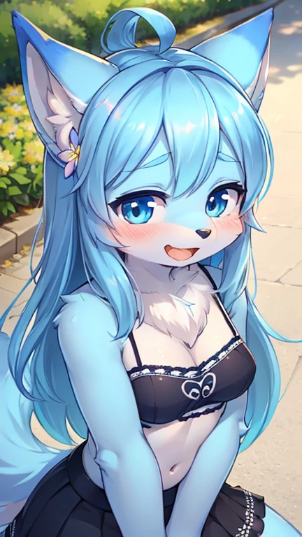 best quality,best resolution,(fluffy anthro furry :1.6),light blue fox girl,small breasts,light blue hair,long hair,wavy hair,light blue fur,flower hairpin,heart necklaces,dark blue camisole with flower embroidery,black skirt,beautiful public park,looking at viewer,full face blush,shy face,smile,heart eyes,heart expression eyes,upper body only,open mouth,paw pose,front view