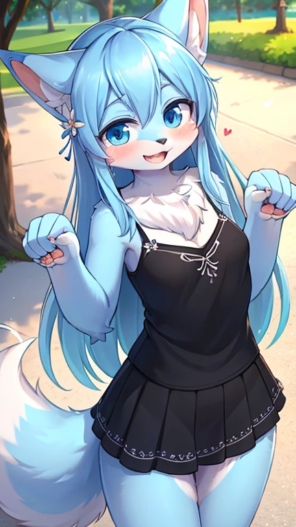best quality,best resolution,(fluffy anthro furry :1.6),light blue fox girl,small breasts,light blue hair,long hair,wavy hair,light blue fur,flower hairpin,heart necklaces,dark blue camisole with flower embroidery,black skirt,beautiful public park,looking at viewer,full face blush,shy face,smile,heart eyes,heart expression eyes,upper body only,open mouth,paw pose,front view