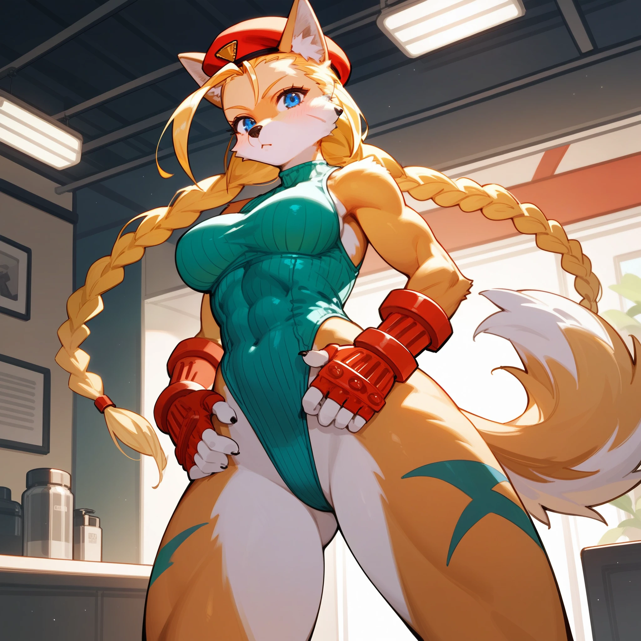 Solo, score_9,score_8_up,score_7_up, source_cartoon, source_furry, cammy street fighter, she is an Anthro furry wolf girl, furry wolf, blonde furry body, blue eyes, wolf snout, standing, indoors, wearing green leotard