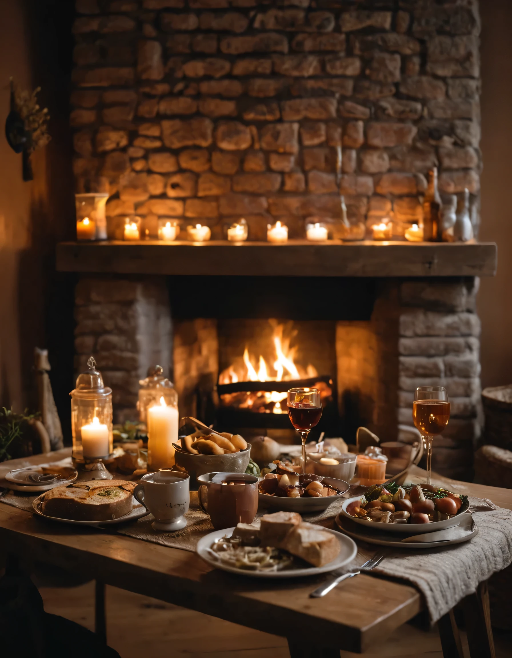 there is a table with food and drinks on it in front of a fireplace, cozy place, cozy setting, cozy environment, pleasant cozy atmosphere, very cozy, cozy atmosphere, cozy and peaceful atmosphere, cozy and calm, cosy atmoshpere, cozy, cosy atmosphere, cosy fireplace, hygge, cozy room, cozy wallpaper, cosy enchanted scene, cozy aesthetic