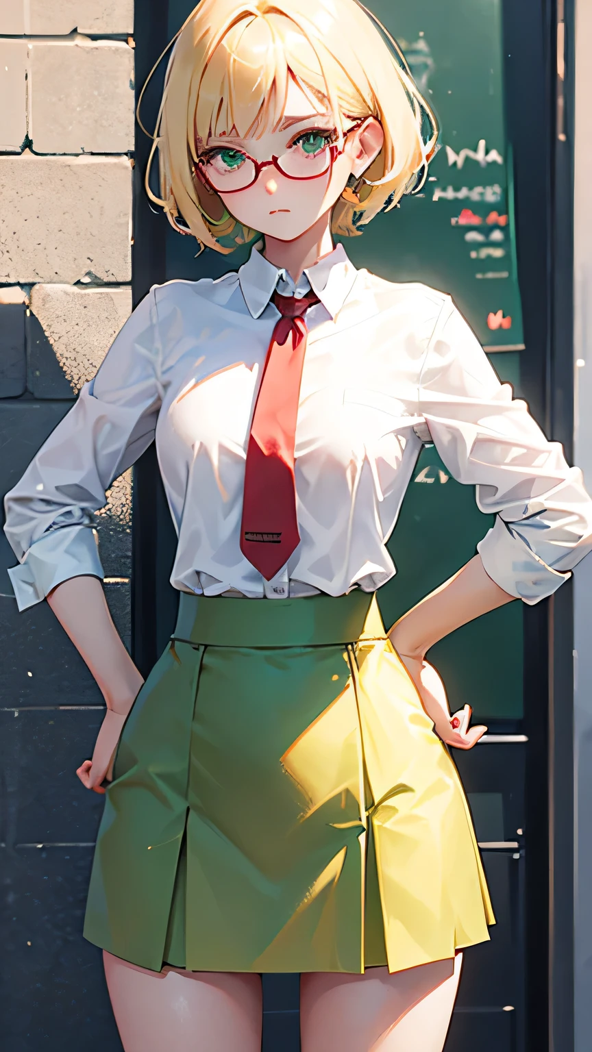 glasses girl,blonde hair,short hair,green eyes,cropped torso,thigh,white shirt,green skirt,red tie,cute,hands on hip,frown