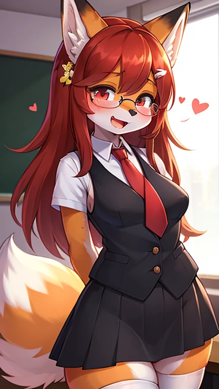 best quality,best resolution,(fluffy anthro furry :1.6),fox girl,red long hair,curvy hair,classroom,light and shadow,(white shirt),sleeveless,red necktie,black skirt,white stocking,glasses,flower hairpin,looking at viewer,horny face,open mouth,very close eyes,orgasm,full face blush,tense pose,heart eyes,heart expression eyes,horny pose