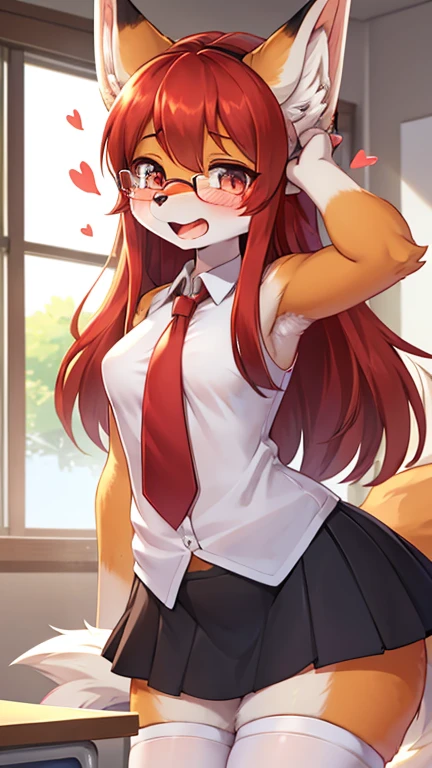 best quality,best resolution,(fluffy anthro furry :1.6),fox girl,red long hair,curvy hair,classroom,light and shadow,(white shirt),sleeveless,red necktie,black skirt,white stocking,glasses,flower hairpin,looking at viewer,horny face,open mouth,very close eyes,orgasm,full face blush,tense pose,heart eyes,heart expression eyes,horny pose