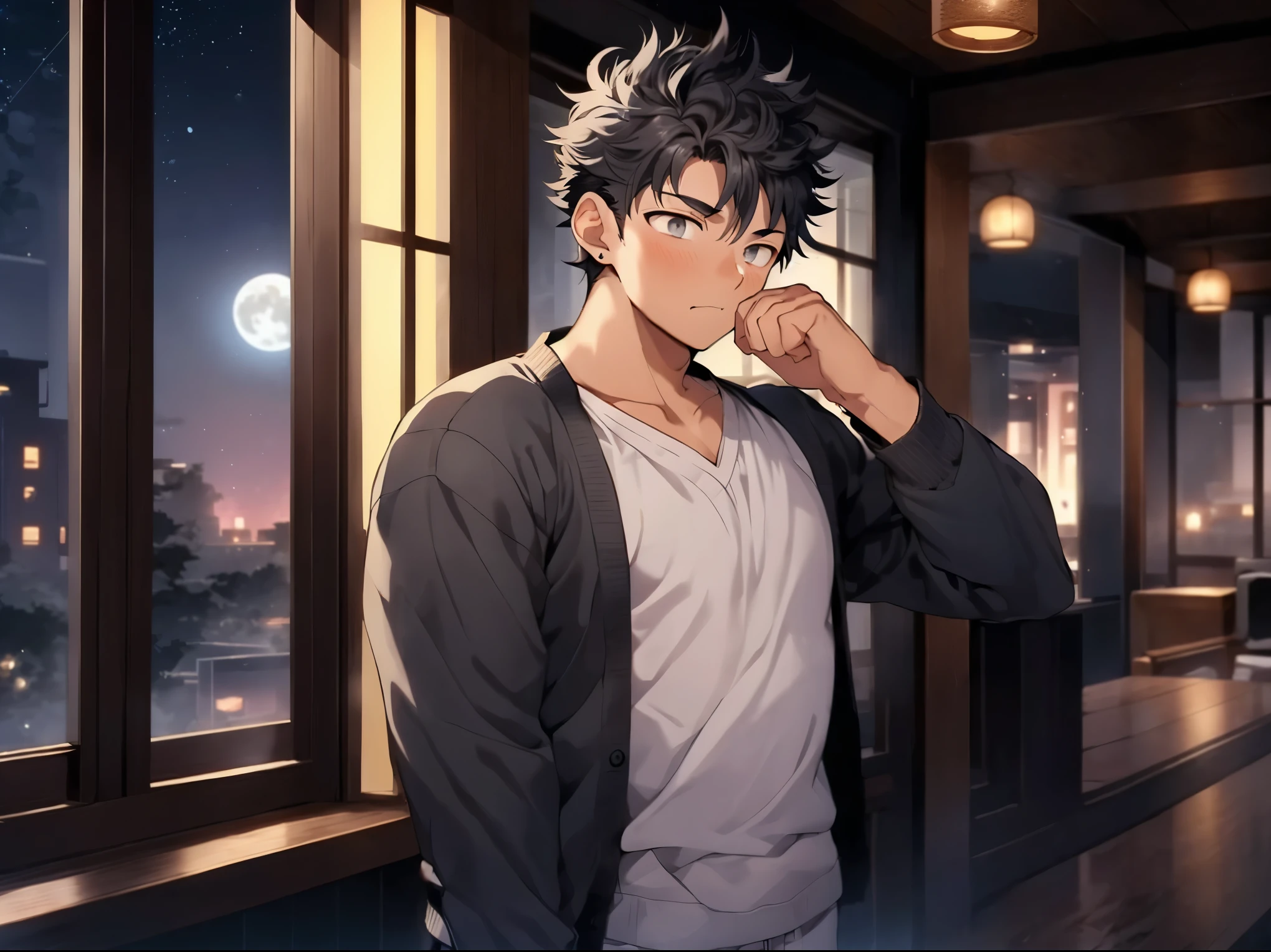 1boy,25 years old,Adult,black hair,(grey eyes,detailed eyes:1.5),sharp eyes,Natural curls,profile,Sadness,love,(blush:0.8),looking away,t-shorts,cardigan,hotel lobby,Huge windows,Moon,Starry sky,Night view,upper body