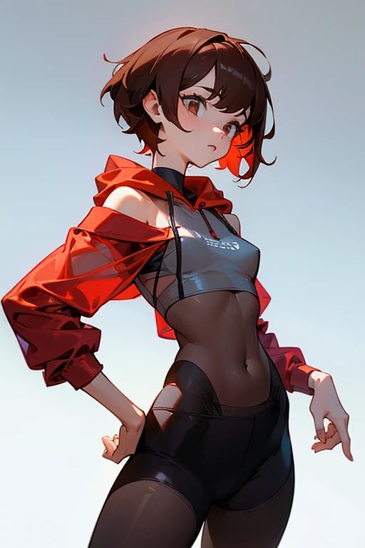 Cute girl 、Belly button、Shoulder、slender、Tight clothing、Pixie Cut、Sporty、Grown-up、24-years-old、Red-brown hair、Translucent tightesh tights、Off-the-shoulder hoodie、See-through design