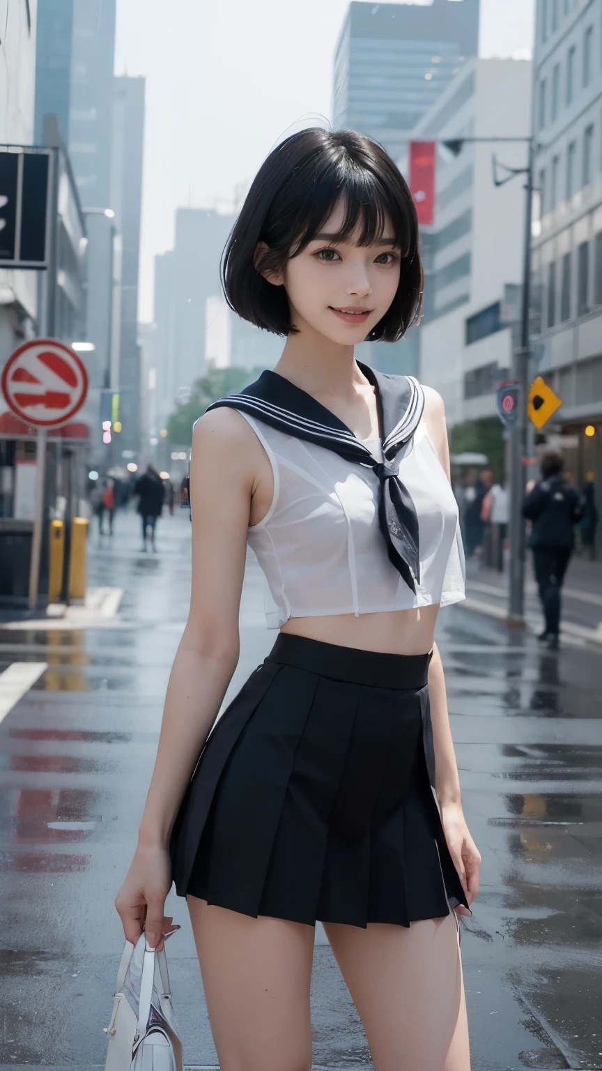 (((Clothing:2.0, Sailor Uniform:2.0, mini skirt:1.8, See-through:1.3))), (Wet:1.2), ((Modern city:1.8)), ((A grin:1.3, Short Hair:1.2, slender:1.5, Small Ass:1.5)), ((Japanese, 1 Girl, 18-year-old, 7 heads, Ideal body proportions,white thong
, Black Hair, With bangs, Small breasts, Erect nipples, slender, Small Ass, Beautiful feet, Skinny Legs)), Surrealism, Cinematic Lighting, Depth of written boundary, First Person View, F/1.8, 135mm, Ticker, Mastepiece, Curate, ((Anatomically correct:1.3)), Textured skin, Super Detail, High detail, High quality, Awards, Best Quality, High resolution, 8K