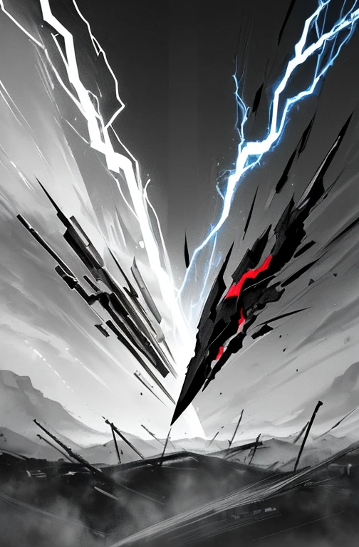 Masterpiece drawing, A bolt of lightning splits the screen in half (on the left the main color is white, on the right the main color is black) landscape of a fierce battle, rising smoke, lightning,  ((dramatic lighting)), dark scene, best quality.