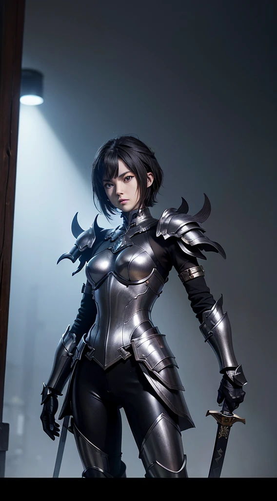(Demon God Armor, 3d rendering), Background road center, HD, 8k resolution, Very detailed, number, concept art, Shinkai Makoto style, Pop music prevalence trend, Pop music, Pixiv Pop music Trend. Holding a sword、metallic feel、