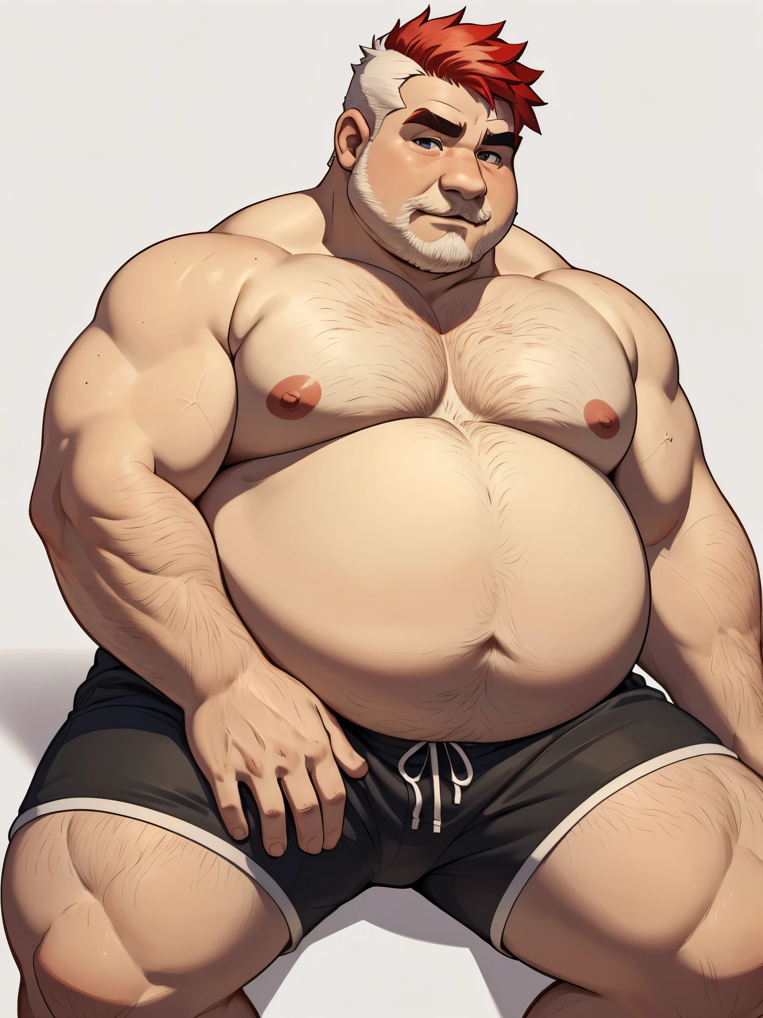 solo, 1boy, (Huge fat Old man sitting, wearing shorts) (fat, obese, huge belly, chubby) (short hair, 2tone hair color, two tone hair colors, red and white hair color), (topless, shirtless), short white hair, short bearded, simple background, masterpiece, high detailed, 8k, high resolution