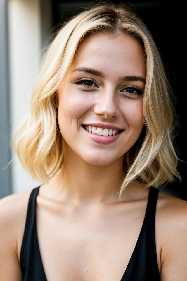 RAW photo, face portrait photo of beautiful 26 y.o woman, cute face, blond hair, wearing black dress, happy face, hard shadows, cinematic shot, dramatic lighting