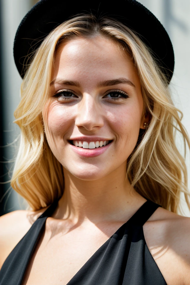 RAW photo, face portrait photo of beautiful 26 y.o woman, cute face, blond hair, wearing black dress, happy face, hard shadows, cinematic shot, dramatic lighting