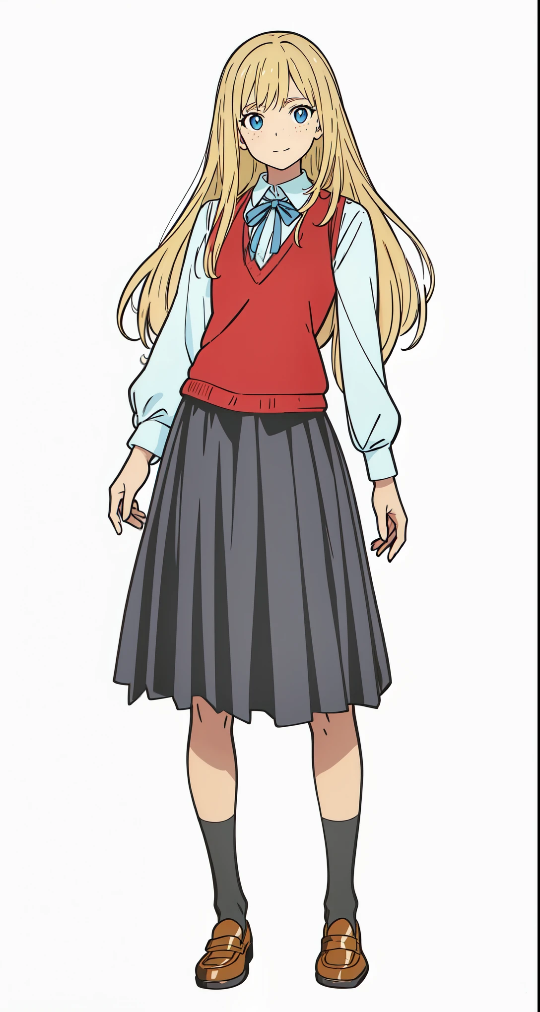 (best quality:1.0), (masterpiece:1.0), (super fine illustration:1.0), (beautiful artwork:1.0), (anime screencap:1.0), (official art:1.0), (european:1.0), (cheerful:1.0), (white background:1.0), (best quality:1.0), (masterpiece:1.0), (super fine illustration:1.0), (beautiful artwork:1.0), (anime screencap:1.0), (official art:1.0), (solo:1.0), (european:1.0), (a 18yo cute girl:1.0), (long skirt:1.0), (black skirt:1.0), (pleated skirt:1.0), (red knit vest:1.0), (white long sleeve collared shirt:1.0), (blue neck ribbon:1.0), (loafers:1.0), (black socks:1.0), (ideal ratio body proportions:1.0), (lanky:1.0), (tall:1.0), (slender:1.0), (small breasts:1.0), (smaller face:1.0), (tareme:1.0), (freckles:1.0), (detailed beautiful eyes:1.0), (detailed beautiful face:1.0), (glowing blue eyes:1.0), (long hair:1.0), (swept bangs:1.0), (blonde hair:1.0), (standing:1.0), (looking at viewer:1.0)