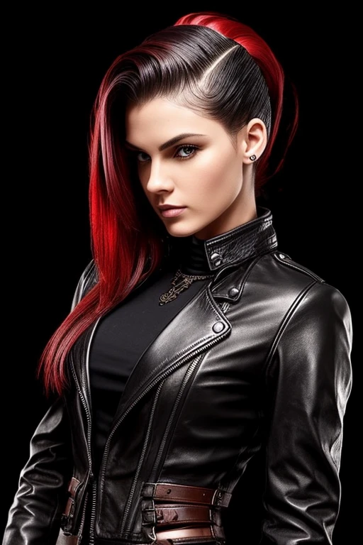 Gorgeous european steampunk woman with very short straight hair in a high ponytail, wet hair, hair slicked back, combed straight back, slick hair, black to red gradient hair, wearing a leather jacket with nothing underneath and mini skirt, solid dark black background