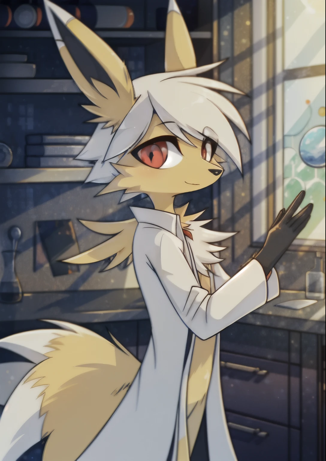 (Masterpiece, Best Quality, Highres:1.4), (anthro) Detailed, Intricate Details, 4K, (Pokémon), (jolteon), (furry) extremely detailed fur, red eyes, best quality, hair. style hair, tail. (2 ears), good anatomy, lab coat, looking at the viewer