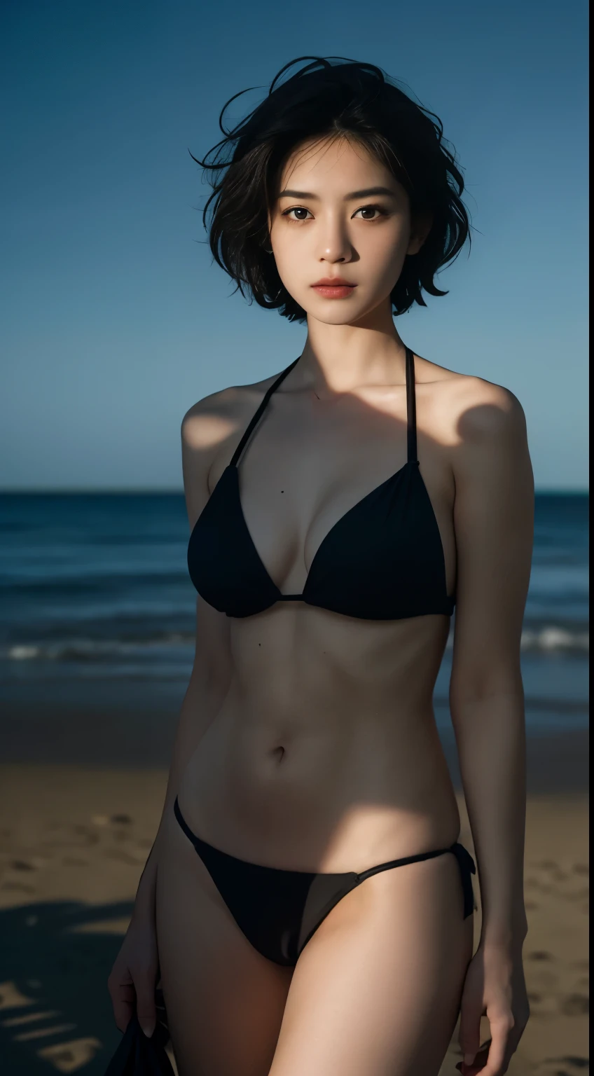 4K resolution, 8K resolution, beautiful, Highest quality, Absolutely wonderful, Very detailed, Ultra-high resolution, masterpiece, RAW Photos, Realistic, Depth of written boundary, Cinematic Light,
One sexy mature woman,
Black bob cut short hair, 精巧なディテールのbeautiful顔, A calm expression on a face,
Transparent white skin, Very sensitive skin,
Great proportions, Glamorous Body, Anatomically correct body, Shapely large breasts, Shapely ass, Firm thighs,
High leg swimsuit, Bold design, beautiful装飾, Detailed cloth texture,
Night sky background, Dark sandy beach at night,
