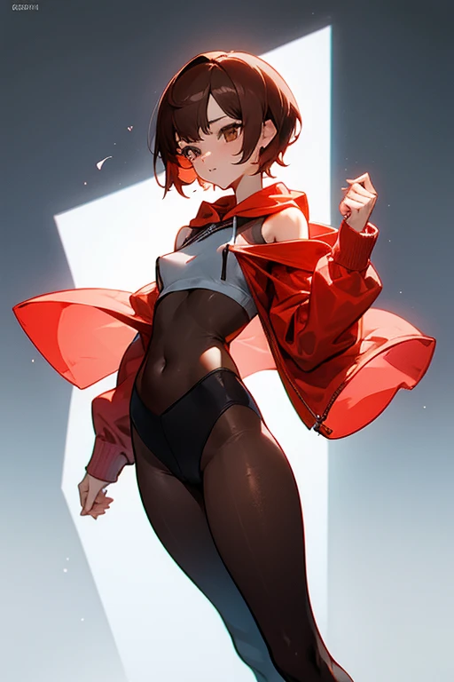 Cute girl in a hoodie、Belly button、Shoulder、slender、Tight clothing、Pixie Cut、Sporty、Grown-up、24-years-old、Red-brown hair、Accentuated breasts、Brown Skin、Earrings、Simple Necklace